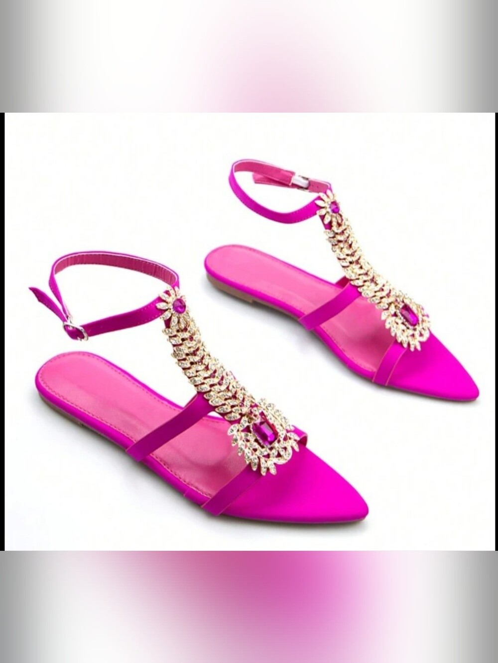 SHEIN Hot Pink Jeweled T-Strap Flat Sandals